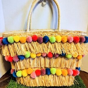 Fun Colorful Pom Pom Straw Tote Bag